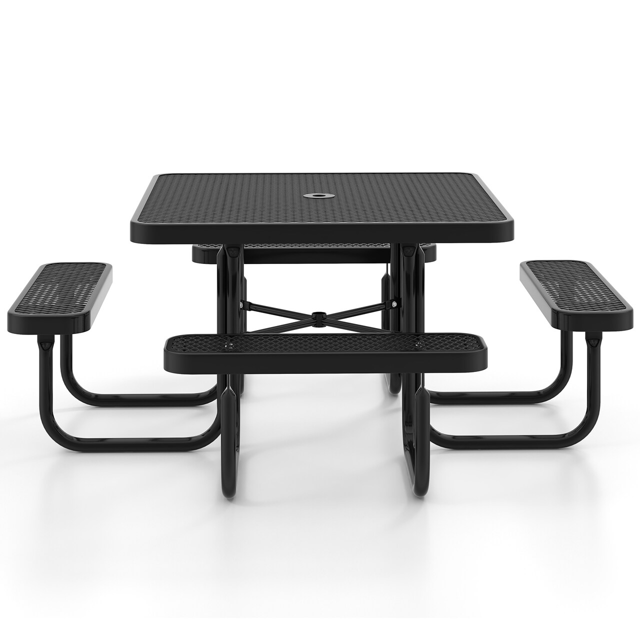 Outdoor Black Picnic Table with 4 Benches, Metal Patio Set with Umbrella Hole